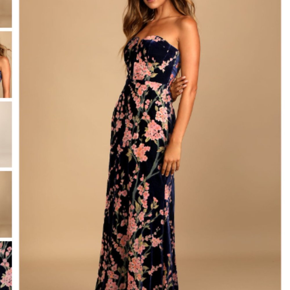 Bloom In Mind Navy Blue Floral Print Velvet Strapless Maxi Dress